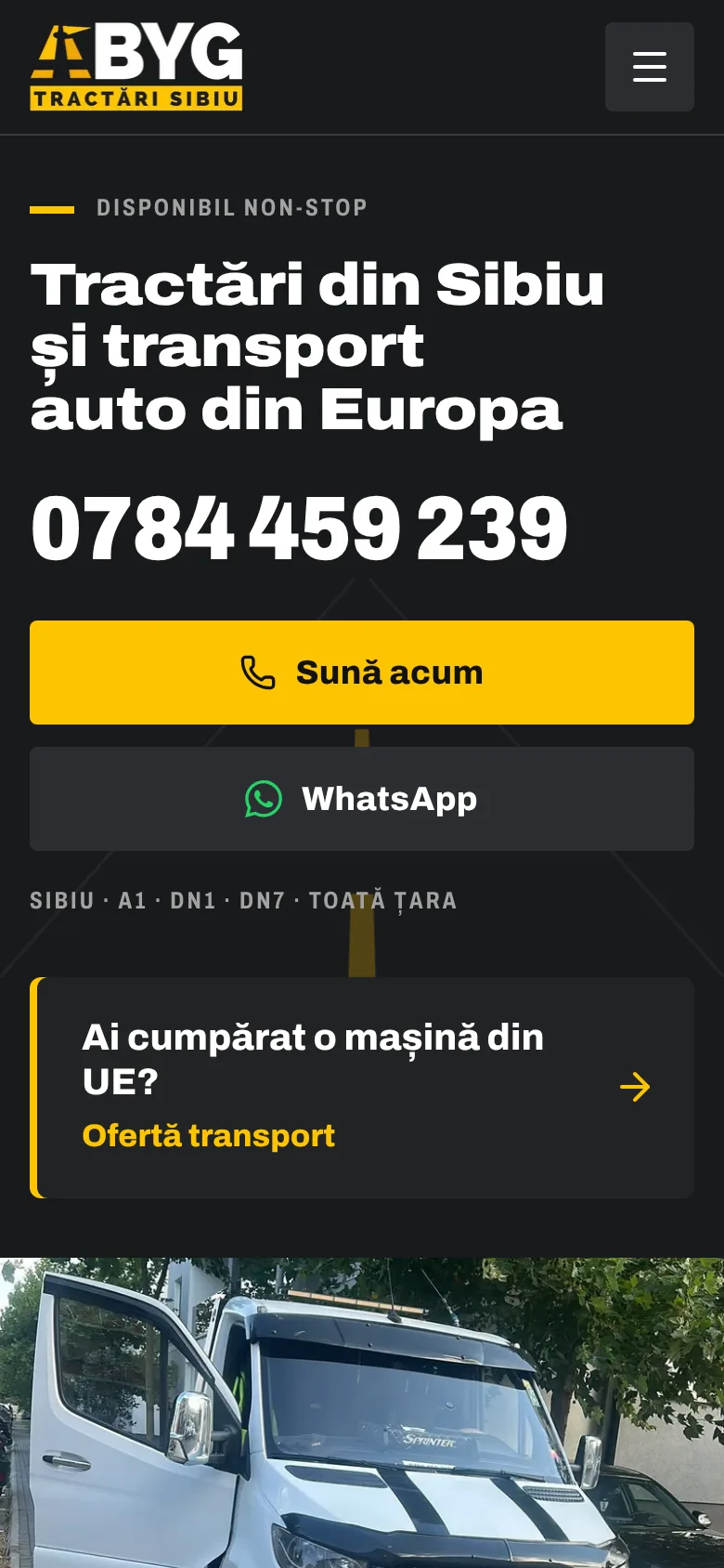 Pagina principală tractari-byg.ro pe mobil, cu butoanele de apel și WhatsApp