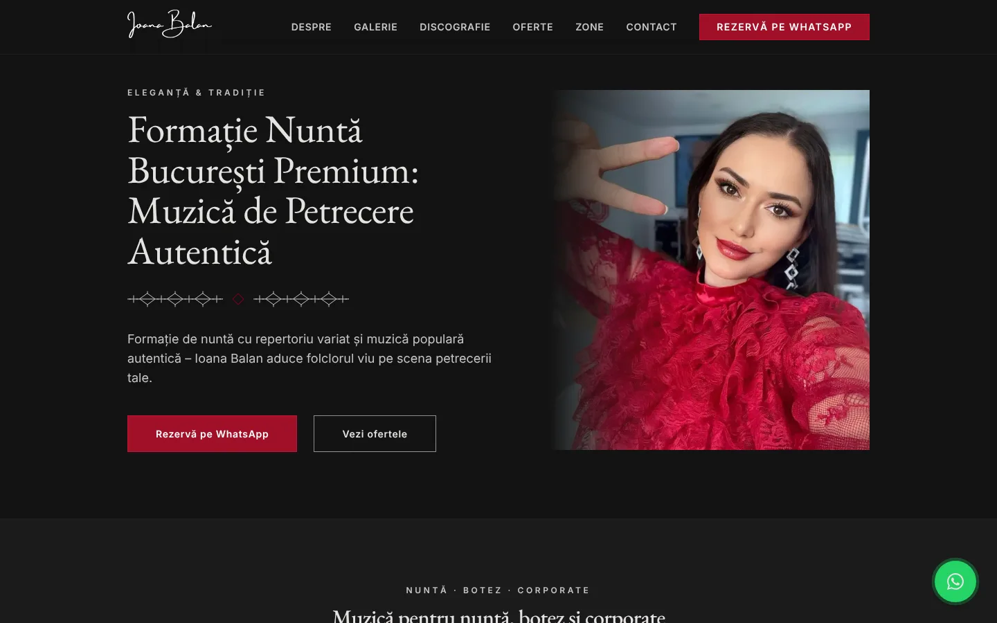 Pagina principală ioana-balan.ro pe desktop, cu fundal închis și accent bordo