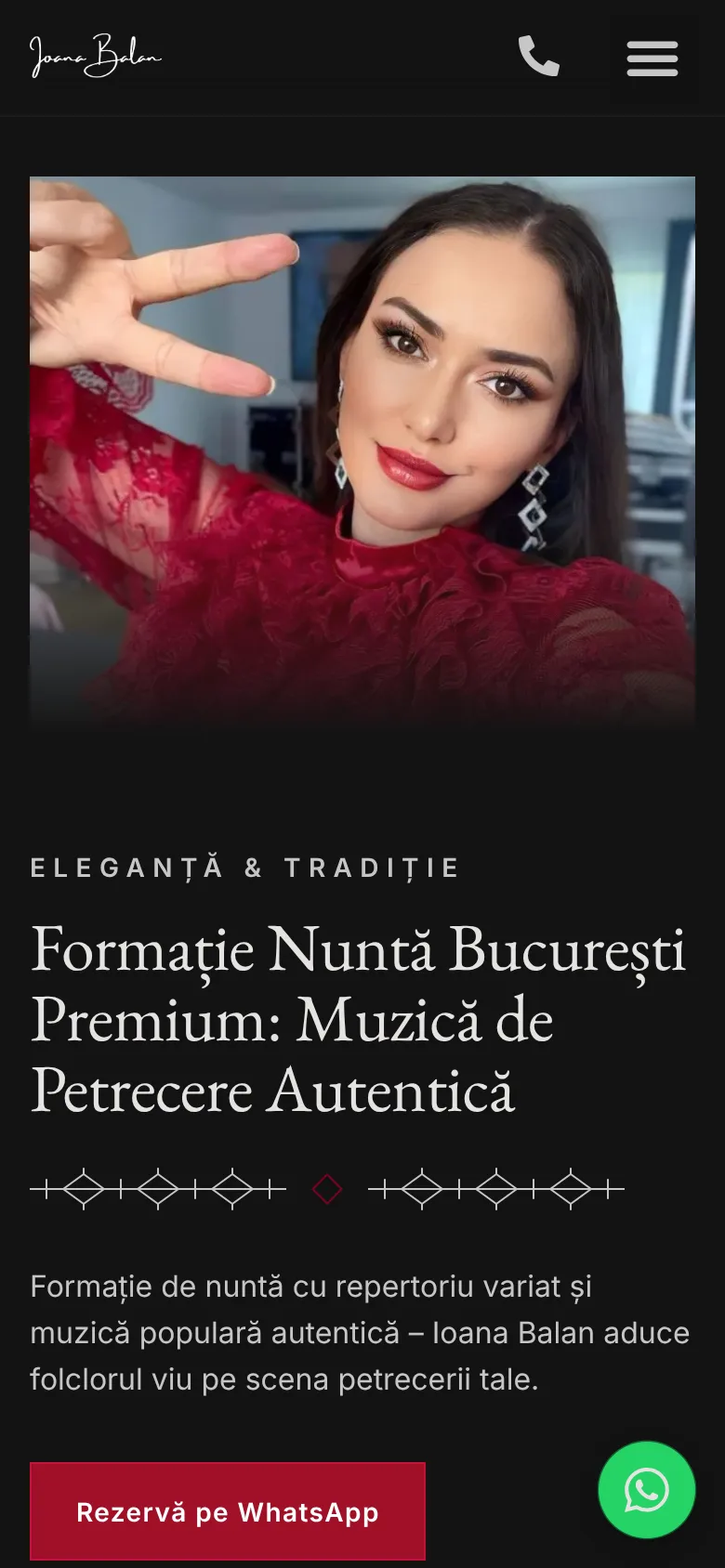 Pagina principală ioana-balan.ro pe mobil, cu butonul de rezervare pe WhatsApp
