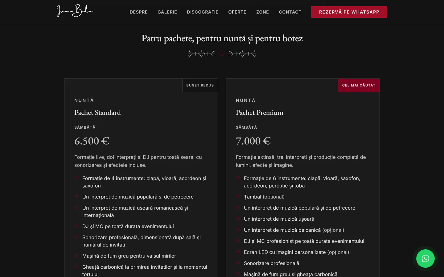 Pagina de oferte de pe ioana-balan.ro, cu pachetele afișate public